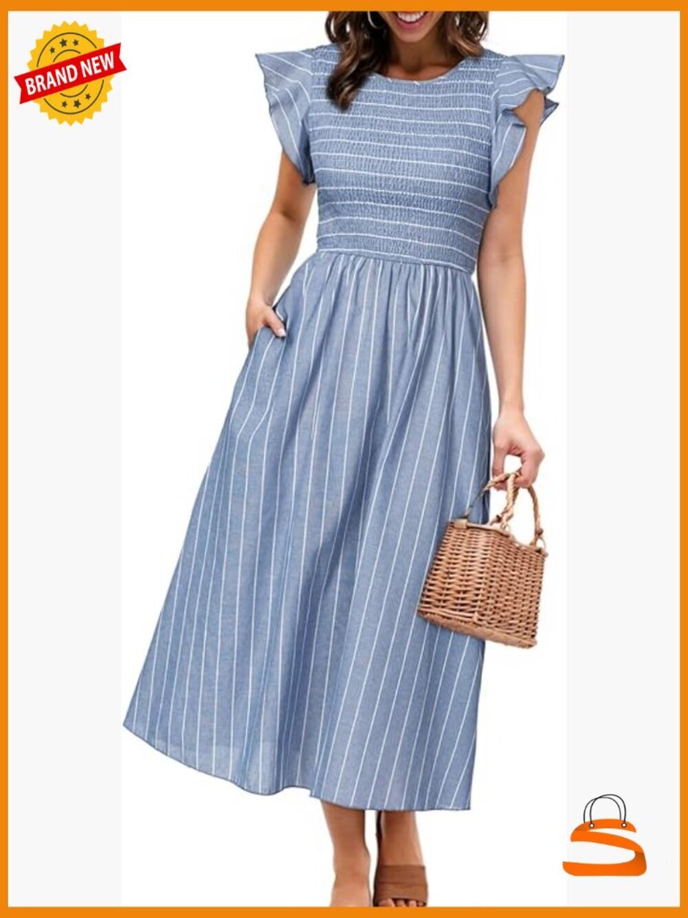 Striped Midi Summer Dress Linen Smocked Flutter Sleeve Flowy with Pockets